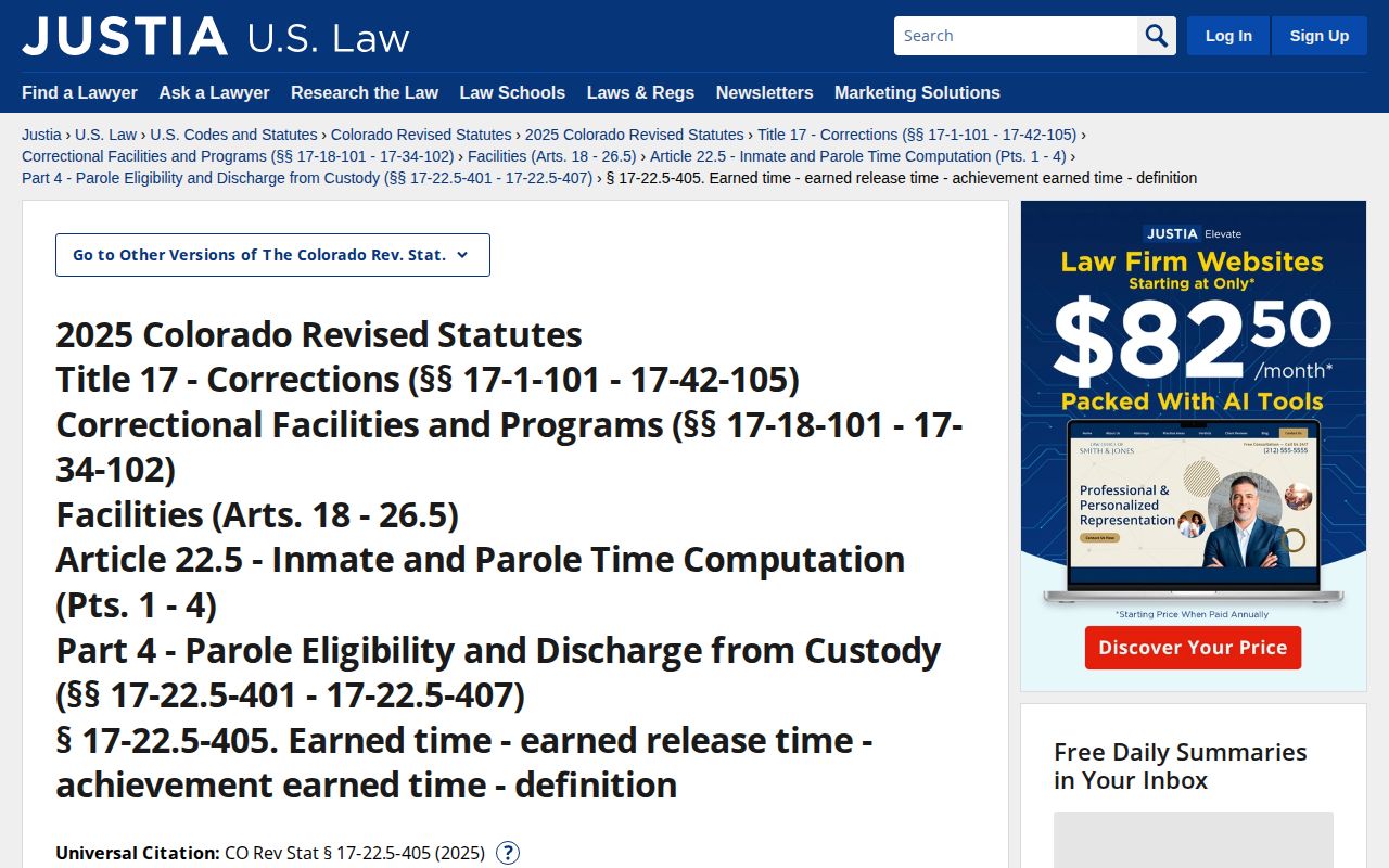 Eagle County inmate release date earned time statute for CDOC calculations